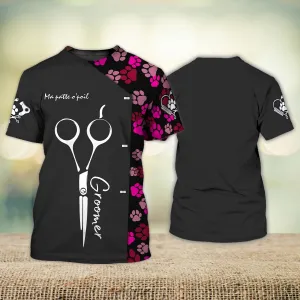 Personalized 3D Tee Shirt For A Pet Groomer Ma Patte O'Poil Paw Dog Groomer Pet Groomer Uniform Pink Salon Pet