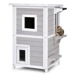 Tangkula Outdoor Cat House Wooden, 2-Story Outside Cat Shelter Condo Enclosure with Escape Door