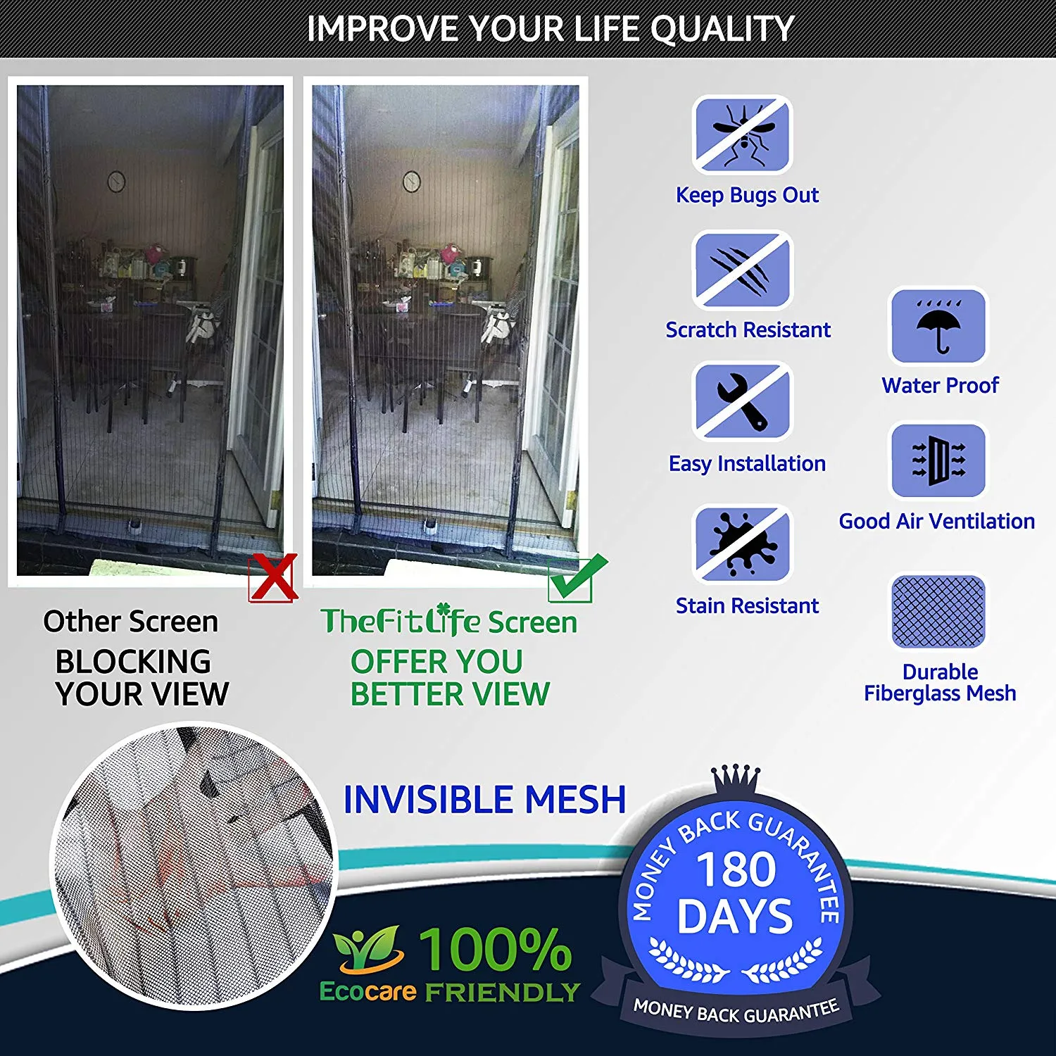 TheFitLife Double Door Magnetic Screen - Mesh Curtain with Full Frame Hook & Loop Powerful Magnets, Snap Shut Automatically for Patio, Sliding Or Large Door, Black Fits Doors up to 72''x80'' Max
